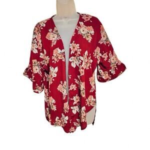 Active USA Jody California Kimono Burgundy floral sleeved cardigan duster sz Sm